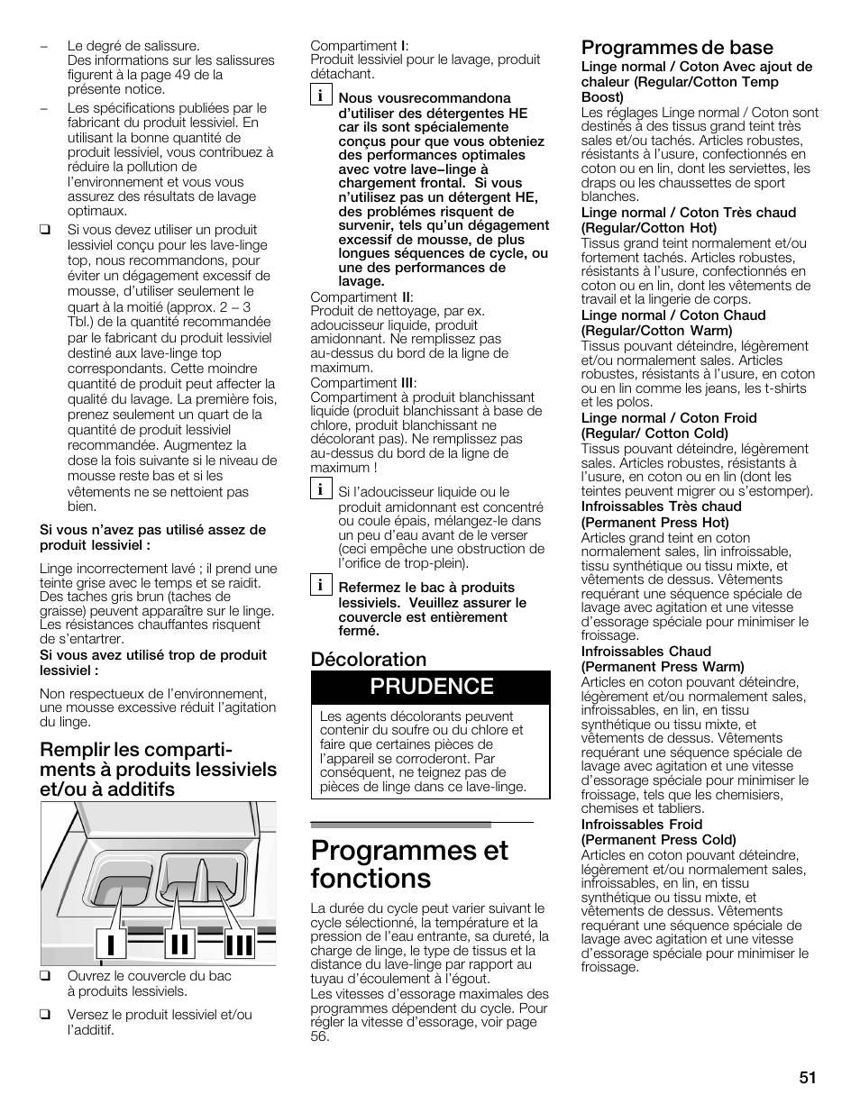 Programmes et fonctions, Prudence, Décoloration | Programmes de base | Bosch WFMC6401UC User Manual | Page 51 / 104