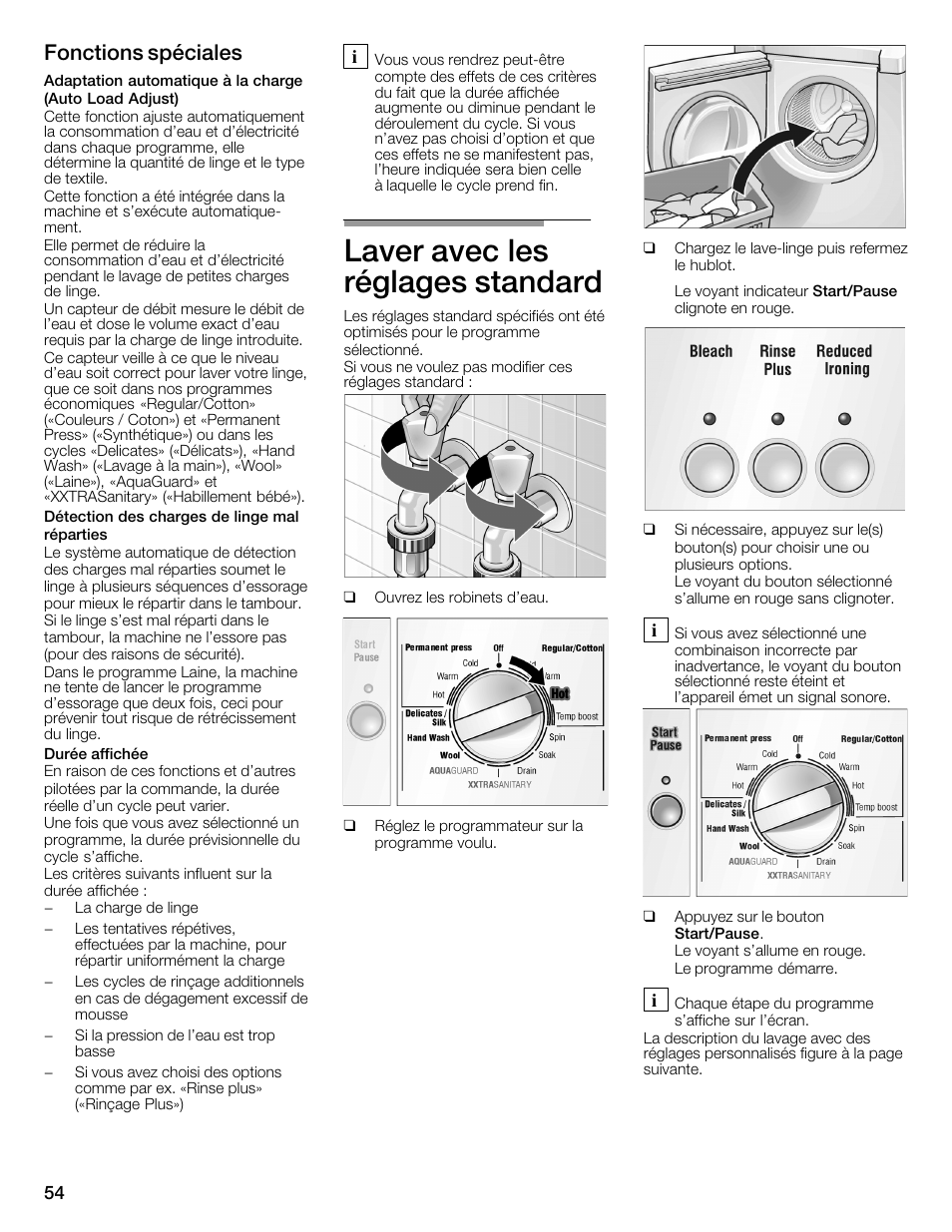 Laver avec les réglages standard, Fonctions spéciales | Bosch WFMC6401UC User Manual | Page 54 / 104