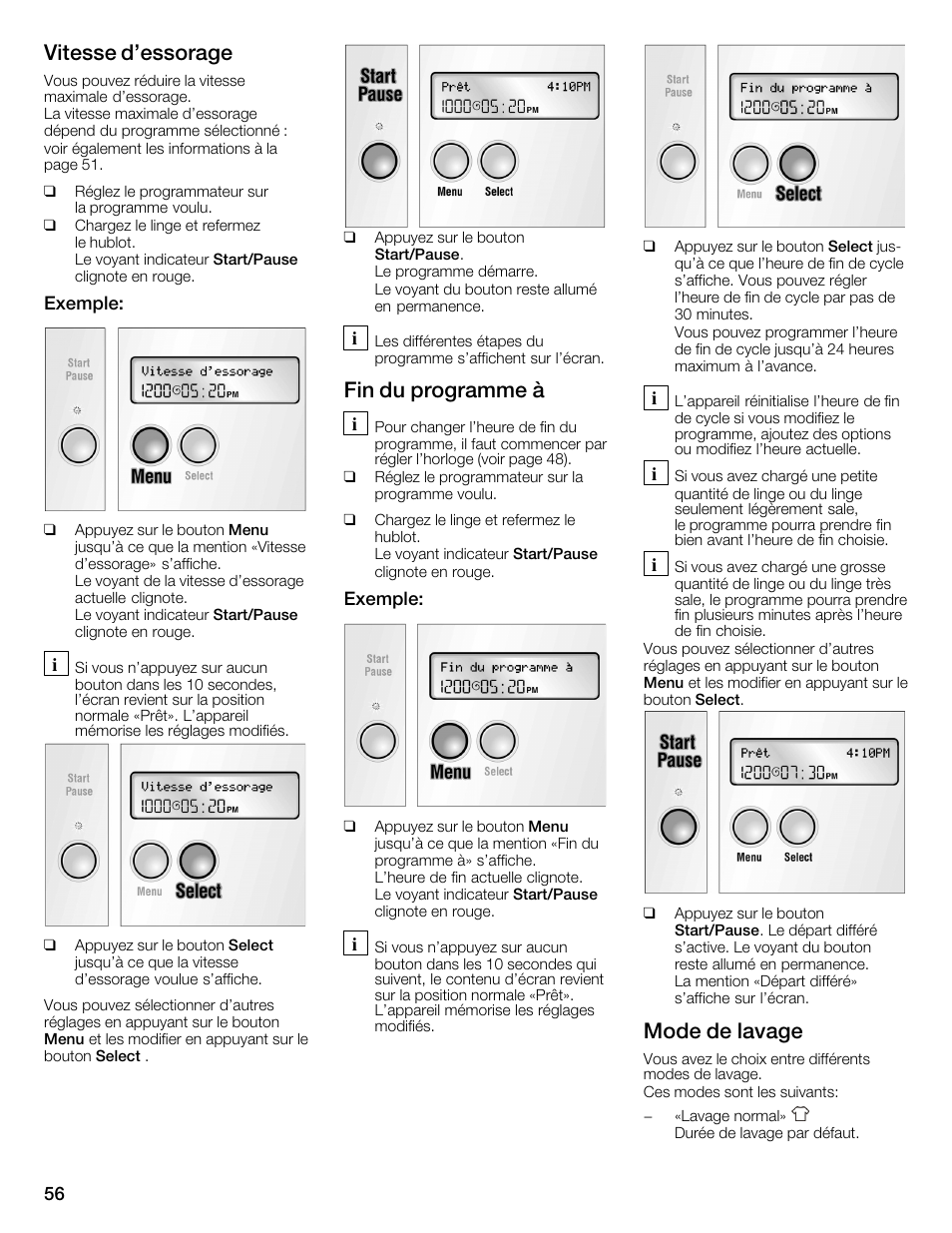 Vitesse d'essorage, Fin du programme à, Mode de lavage | Bosch WFMC6401UC User Manual | Page 56 / 104