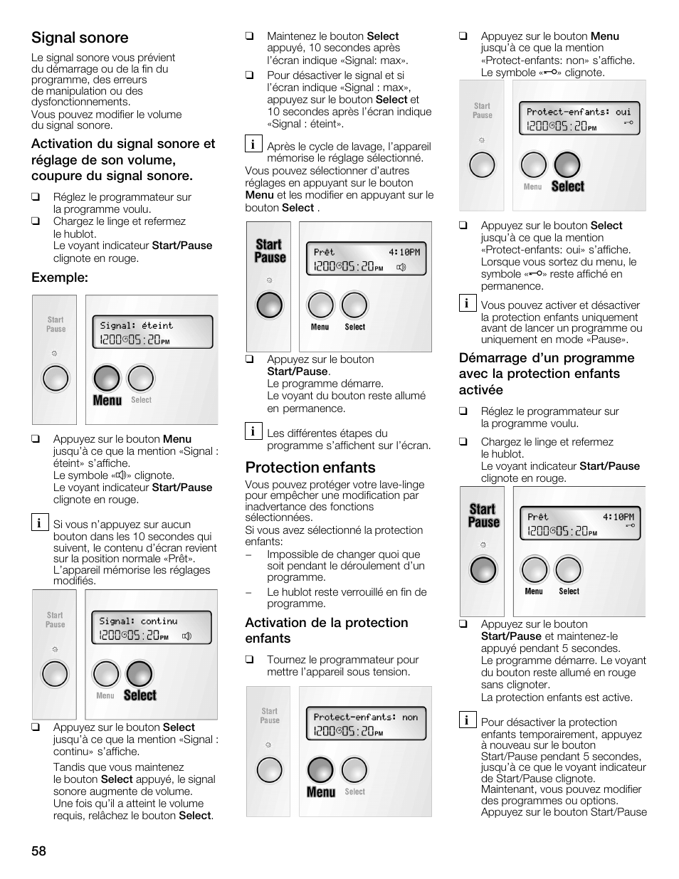 Signal sonore, Protection enfants | Bosch WFMC6401UC User Manual | Page 58 / 104