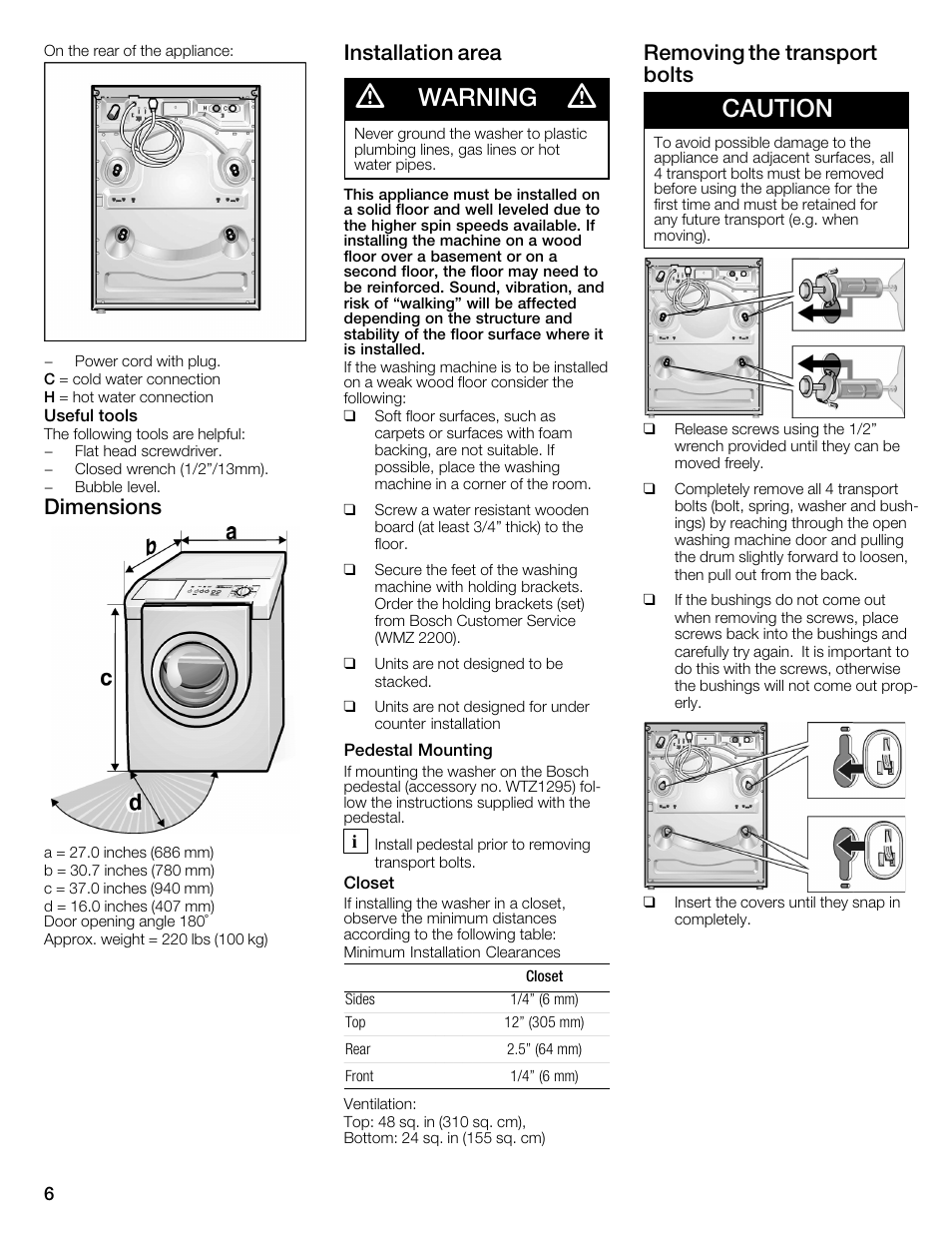 Warning, Caution, Dimensions | Installation area, Removing the transport bolts | Bosch WFMC6401UC User Manual | Page 6 / 104