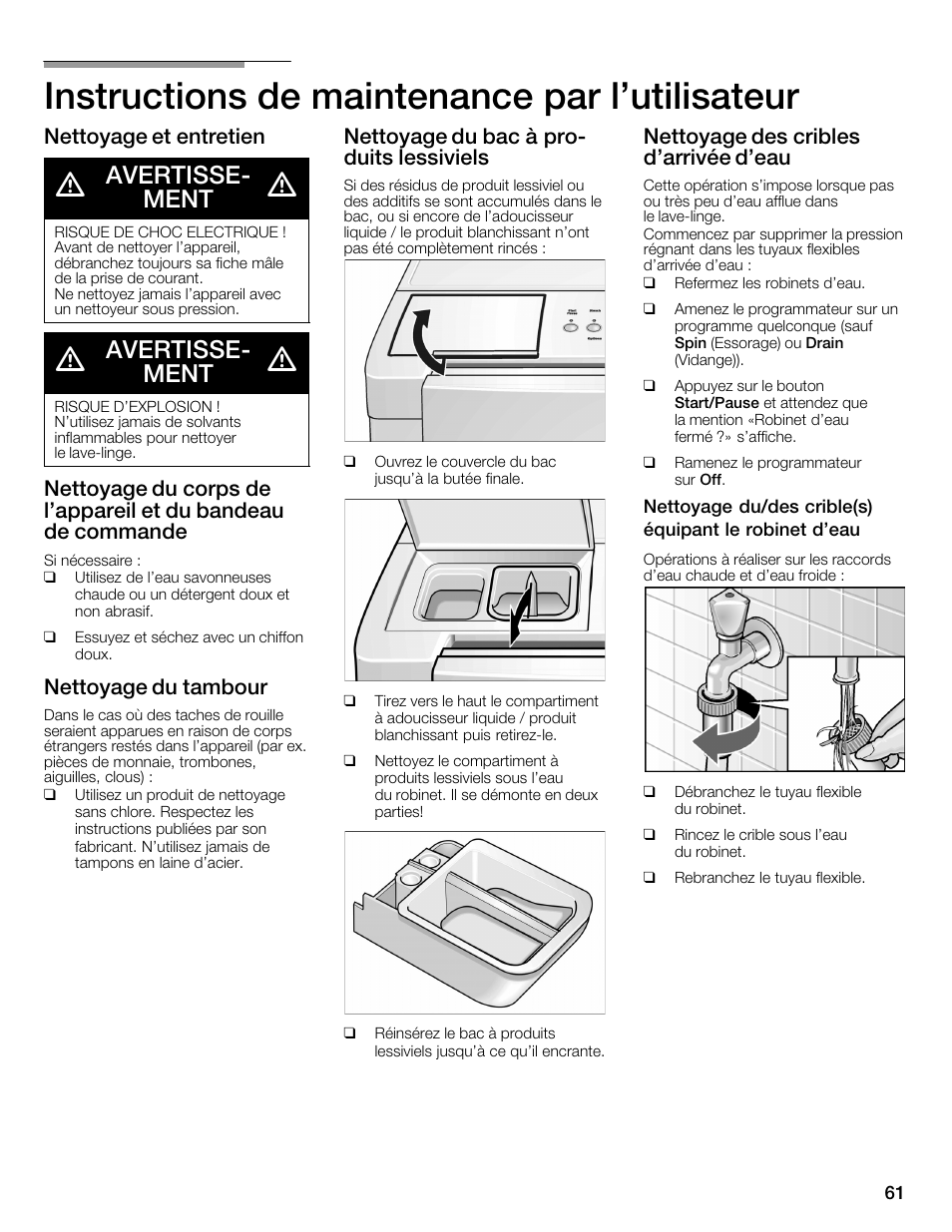 Instructions de maintenance par l'utilisateur, Avertisseć ment, Nettoyage et entretien | Nettoyage du tambour, Nettoyage du bac à proć duits lessiviels, Nettoyage des cribles d'arrivée d'eau | Bosch WFMC6401UC User Manual | Page 61 / 104