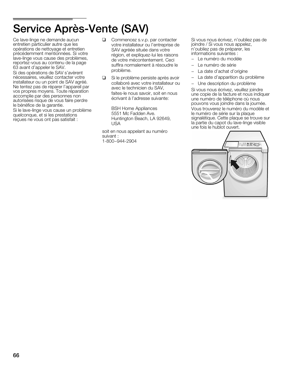 Service aprèsćvente (sav) | Bosch WFMC6401UC User Manual | Page 66 / 104