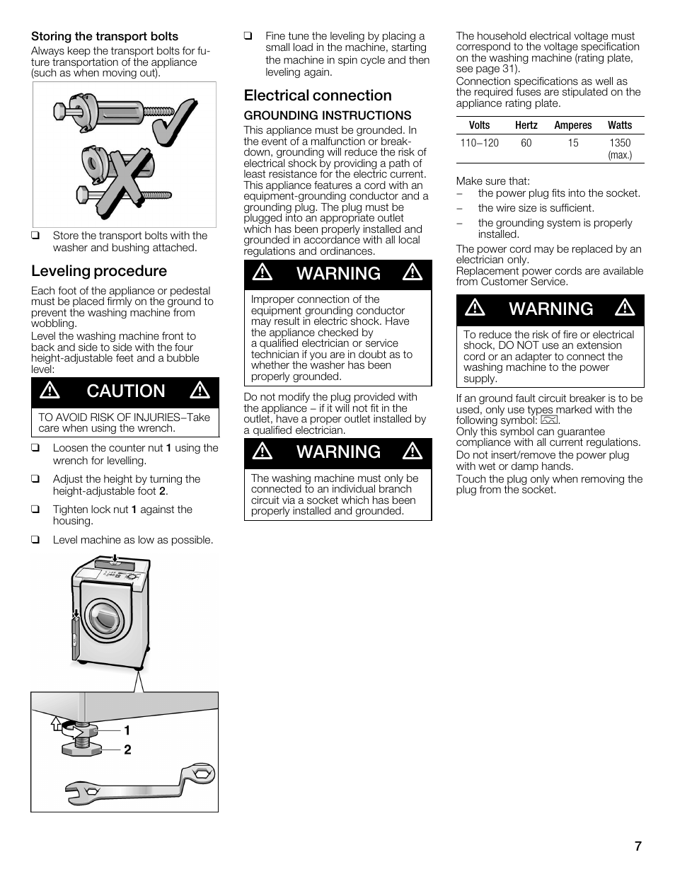 Caution, Warning, Leveling procedure | Electrical connection | Bosch WFMC6401UC User Manual | Page 7 / 104