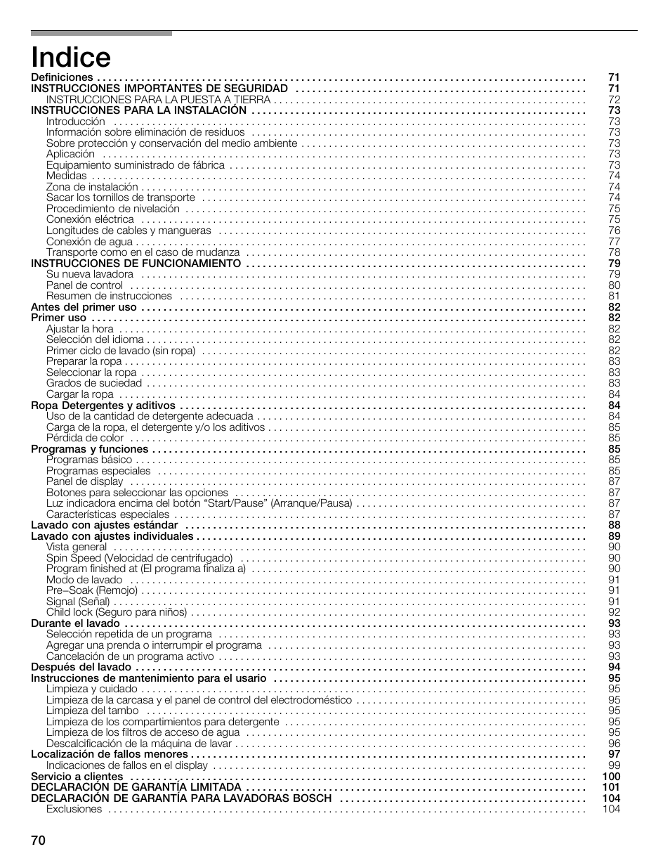 Indice | Bosch WFMC6401UC User Manual | Page 70 / 104