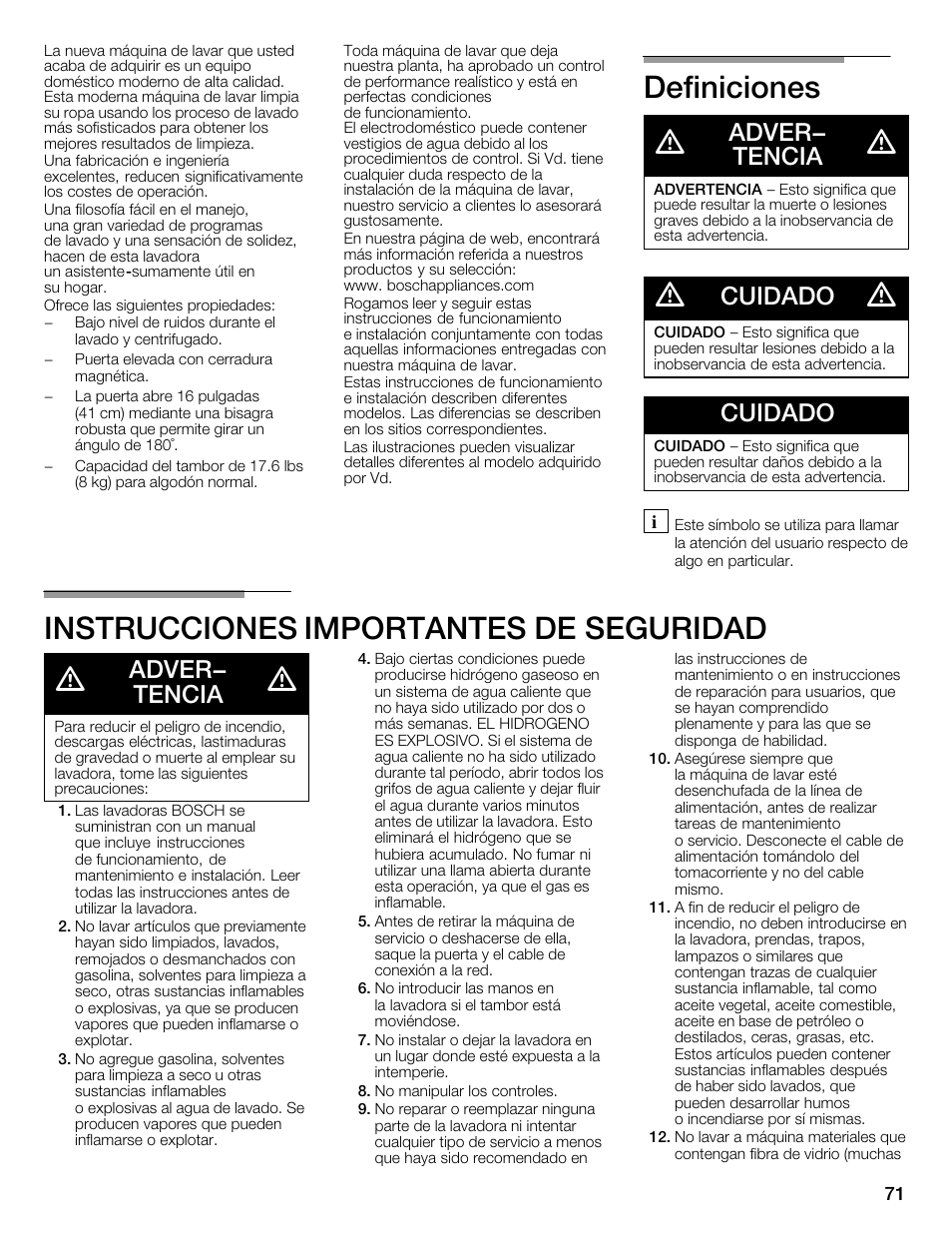 Definiciones d, Instrucciones importantes deăseguridad d, Adver- tencia | Cuidado | Bosch WFMC6401UC User Manual | Page 71 / 104