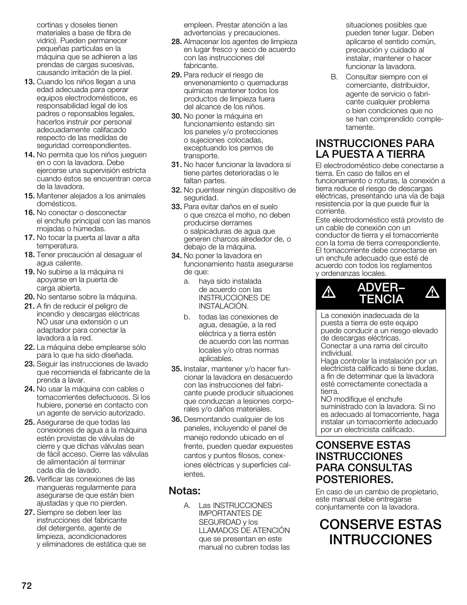 Conserve estas intrucciones, Adver- tencia, Notas | Instrucciones para la puesta aătierra | Bosch WFMC6401UC User Manual | Page 72 / 104