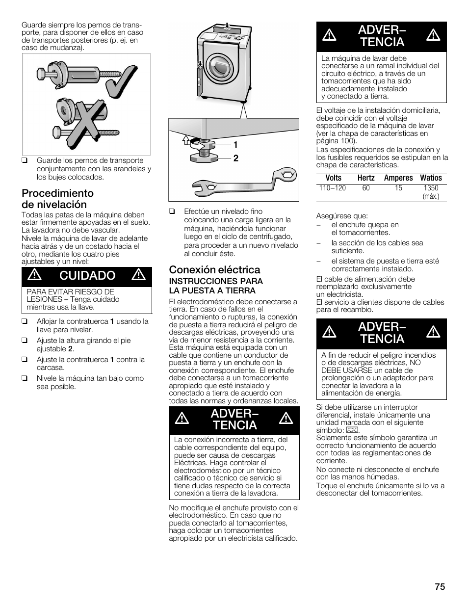 Cuidado, Adver- tencia, Procedimiento deănivelación | Conexión eléctrica | Bosch WFMC6401UC User Manual | Page 75 / 104