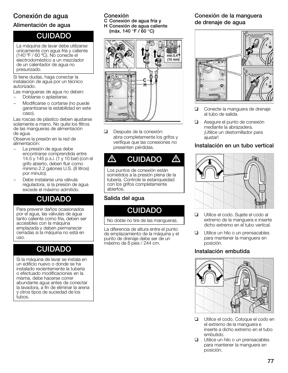 Cuidado, Conexión de agua | Bosch WFMC6401UC User Manual | Page 77 / 104