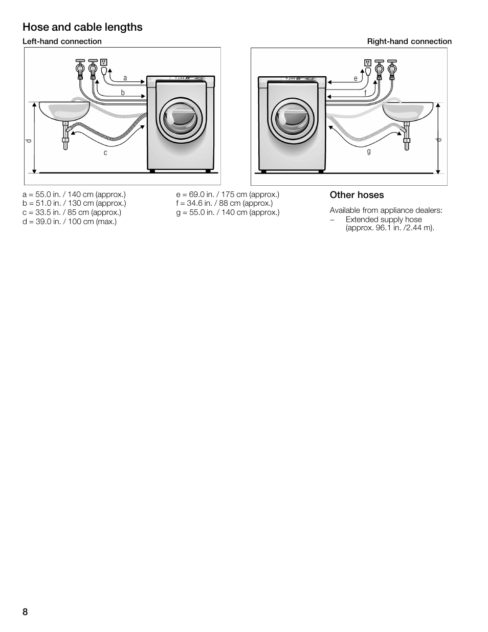 Hose and cable lengths | Bosch WFMC6401UC User Manual | Page 8 / 104