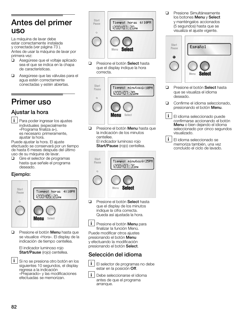 Antes del primer uso, Primer uso, Ajustar la hora | Selección del idioma | Bosch WFMC6401UC User Manual | Page 82 / 104