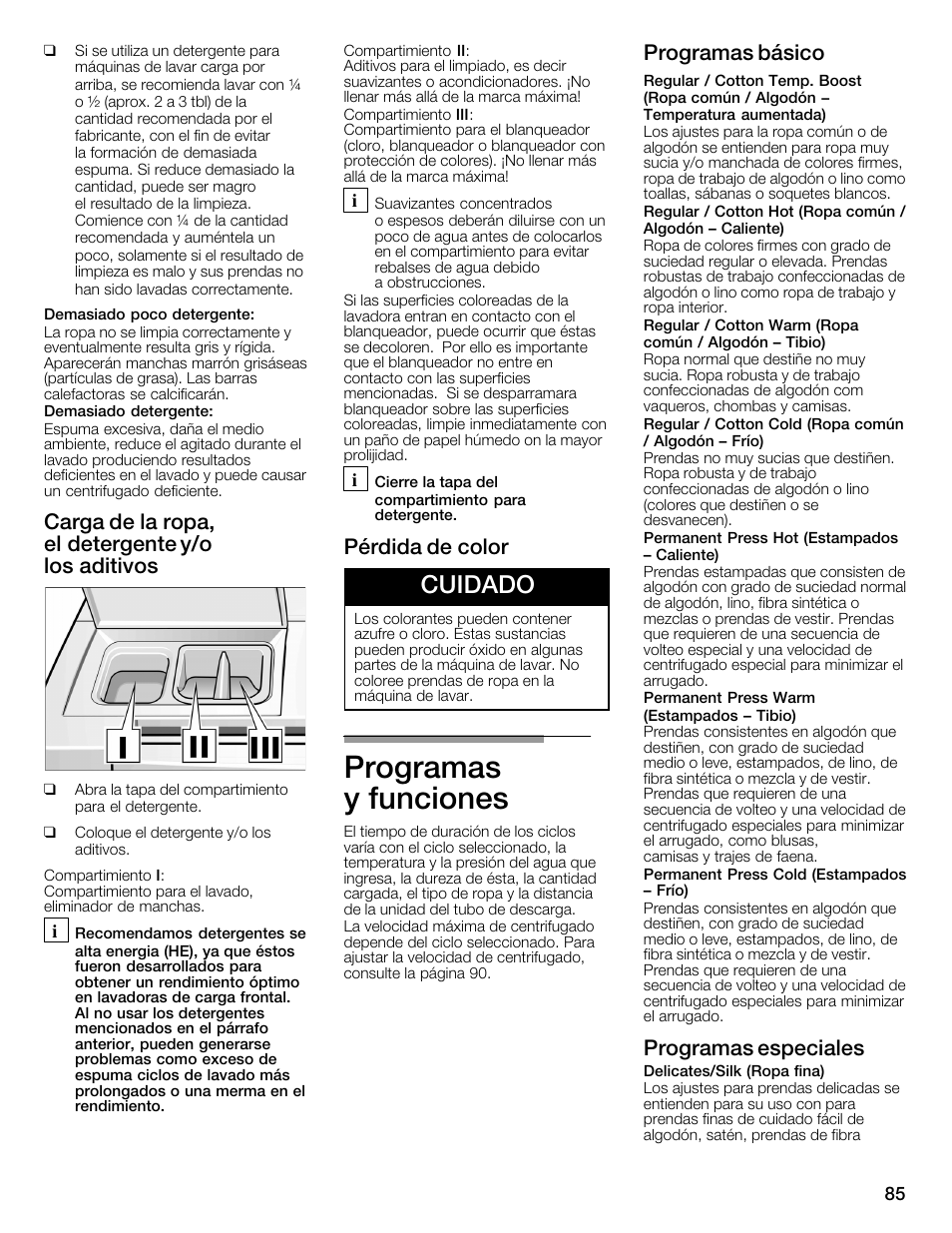 Programas yăfunciones, Cuidado, Carga de la ropa, elădetergente y/o losăaditivos | Pérdida de color, Programas básico, Programas especiales | Bosch WFMC6401UC User Manual | Page 85 / 104