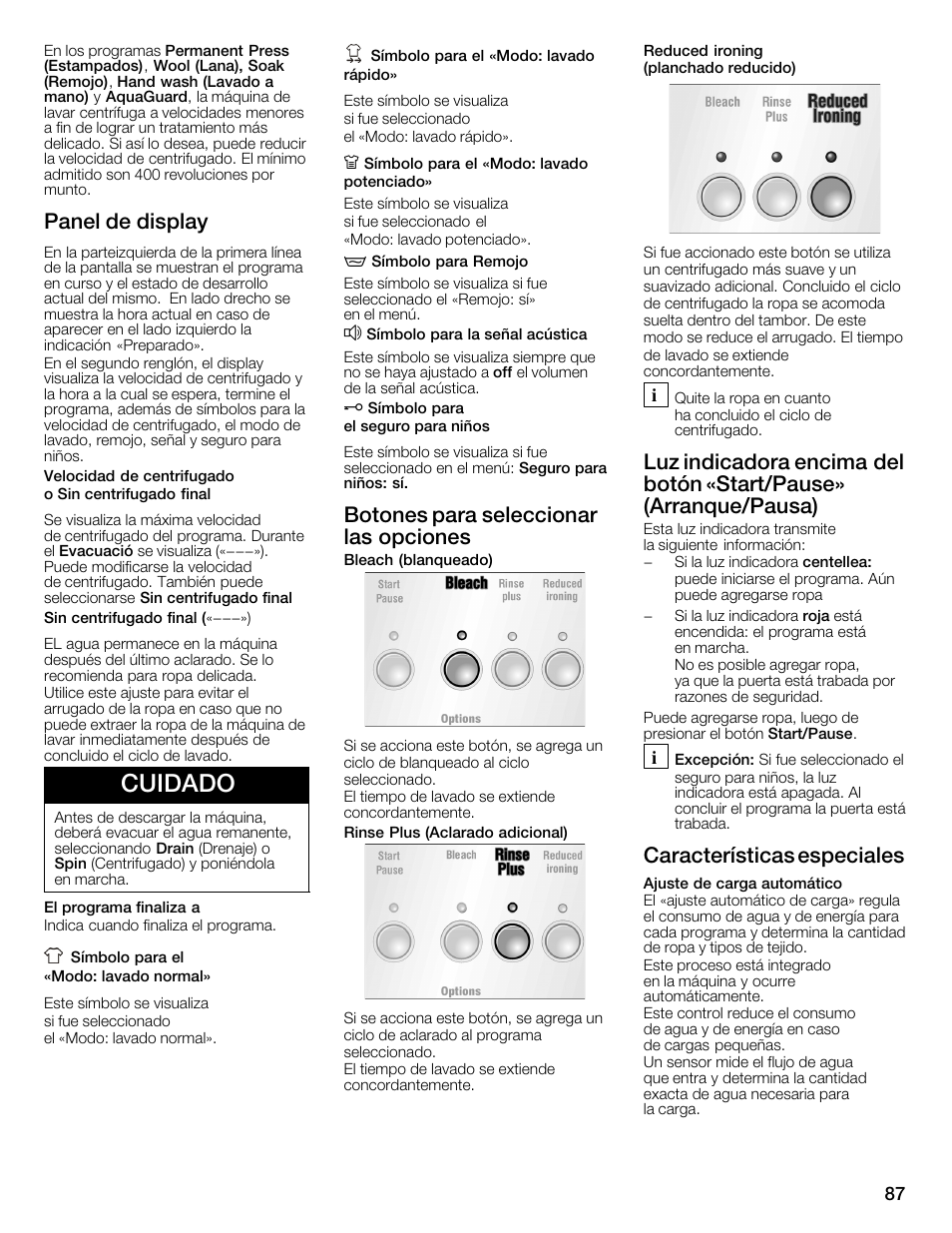 Cuidado, Panel de display, Botones para seleccionar las opciones | Características especiales | Bosch WFMC6401UC User Manual | Page 87 / 104