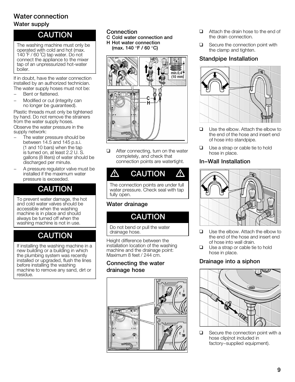 Caution, Water connection | Bosch WFMC6401UC User Manual | Page 9 / 104