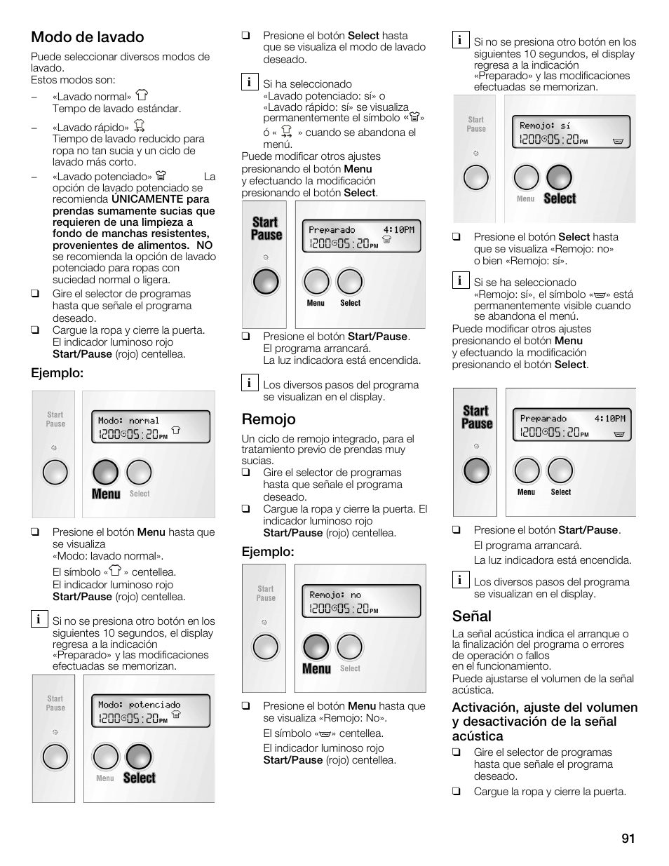 Modo de lavado, Remojo, Señal | Bosch WFMC6401UC User Manual | Page 91 / 104