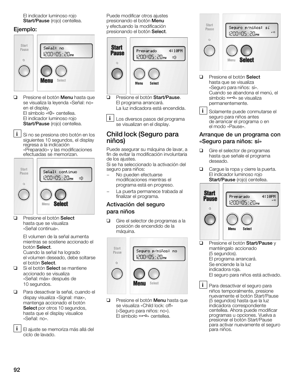 Child lock (seguro para niños) | Bosch WFMC6401UC User Manual | Page 92 / 104