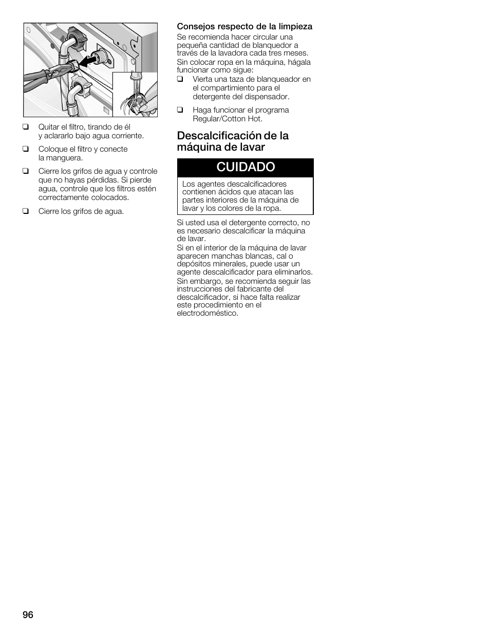 Cuidado, Descalcificación de la máquina de lavar | Bosch WFMC6401UC User Manual | Page 96 / 104