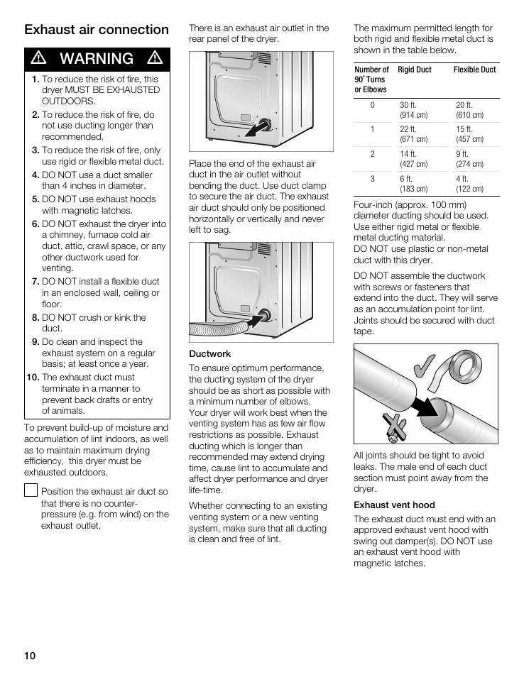 Warning, Exhaust air connection | Bosch WTA 4400 US User Manual | Page 10 / 76