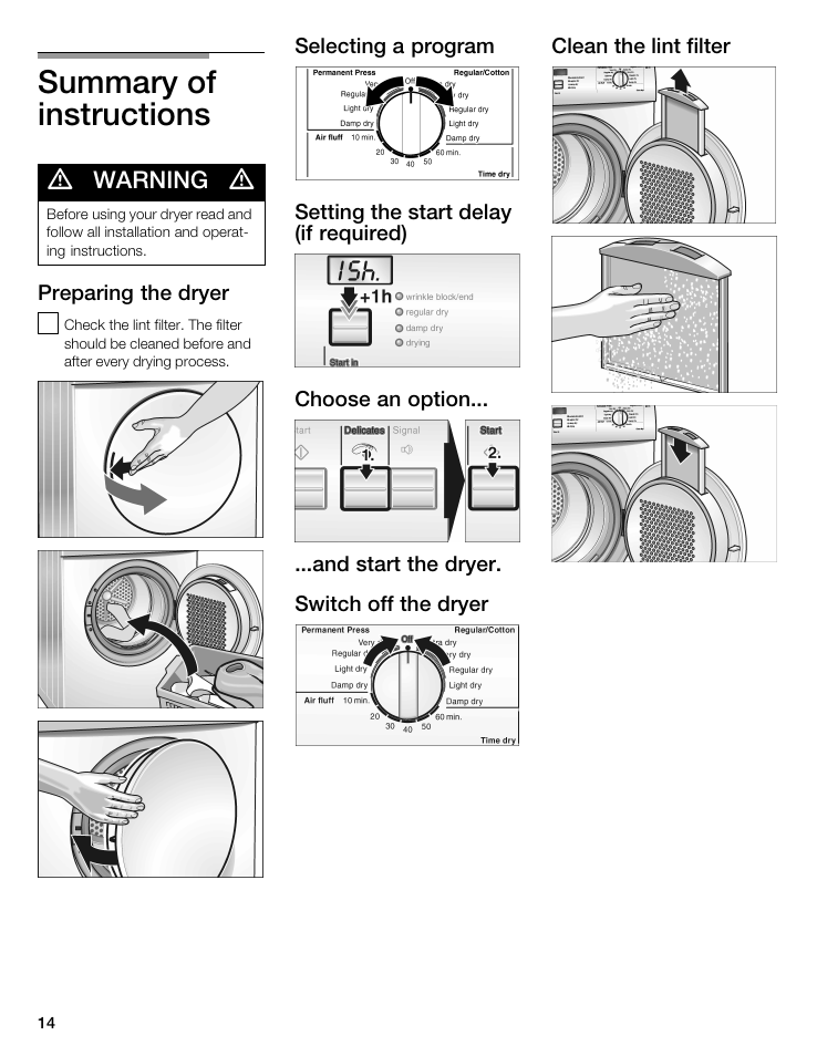 Summary of instructions | Bosch WTA 4400 US User Manual | Page 14 / 76