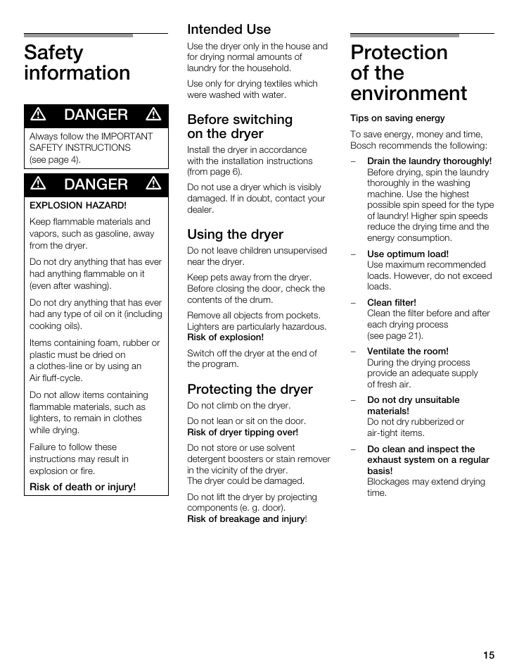 Safety information, Protection of the environment, Danger | Bosch WTA 4400 US User Manual | Page 15 / 76