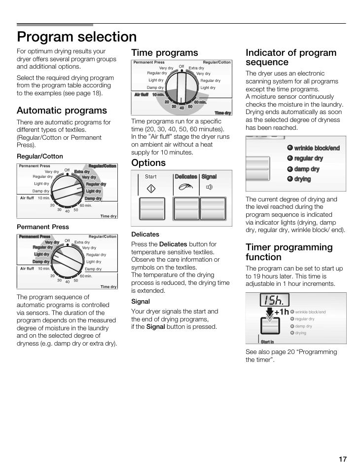 Program selection, Automatic programs, Time programs | Options, Indicator of program sequence, Timer programming function | Bosch WTA 4400 US User Manual | Page 17 / 76