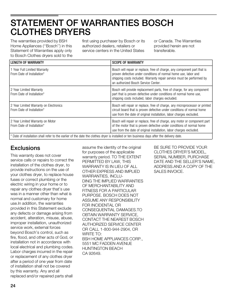 Statement of warranties bosch clothes dryers, Exclusions | Bosch WTA 4400 US User Manual | Page 24 / 76