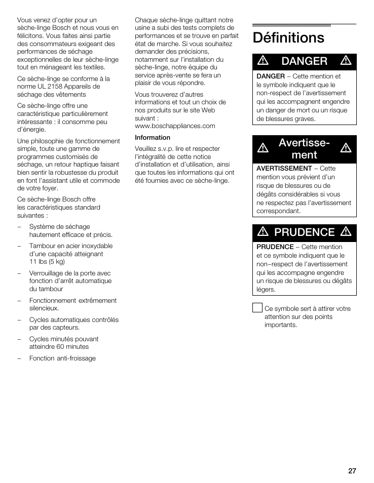 Définitions, Danger, Avertisseć ment | Prudence | Bosch WTA 4400 US User Manual | Page 27 / 76