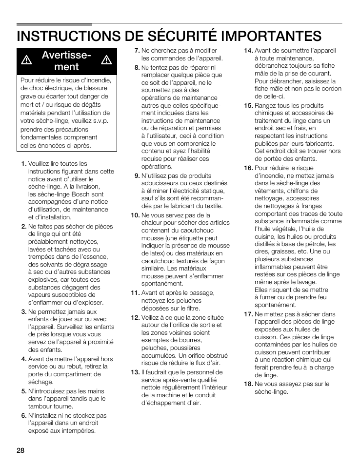 Instructions de sécurité importantes, Avertisseć ment | Bosch WTA 4400 US User Manual | Page 28 / 76