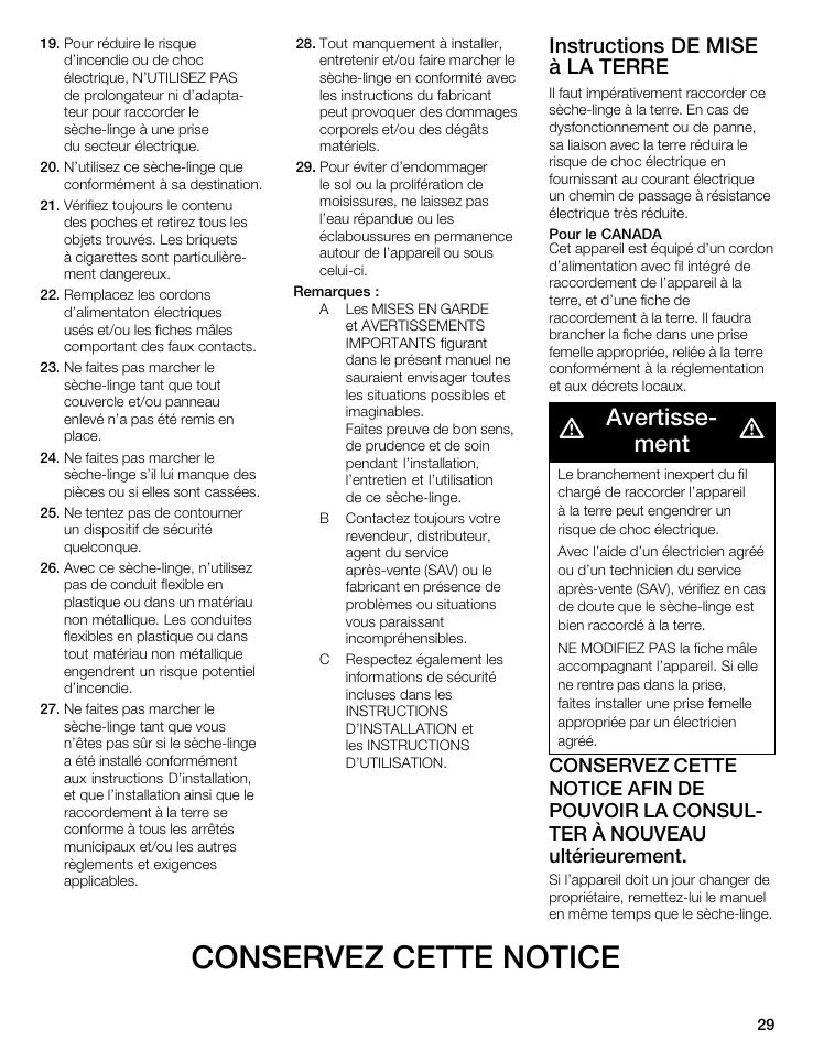 Conservez cette notice, Avertisseć ment, Instructions de mise à la terre | Bosch WTA 4400 US User Manual | Page 29 / 76