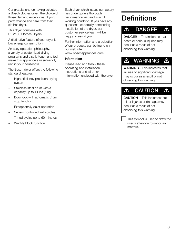 Definitions, Danger, Warning | Caution | Bosch WTA 4400 US User Manual | Page 3 / 76