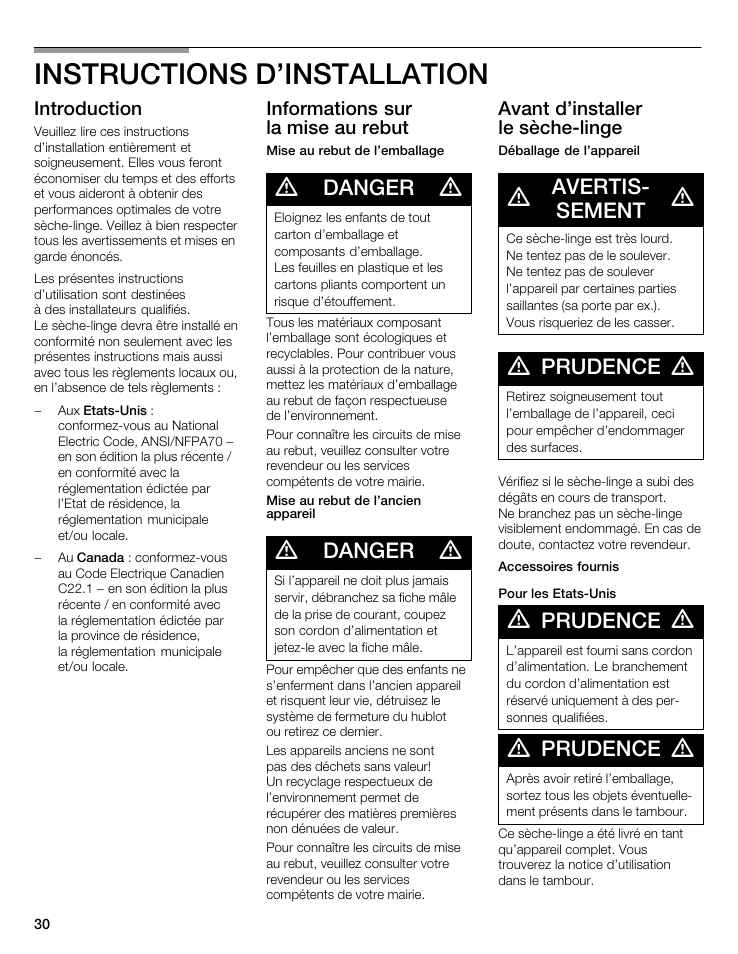 Instructions d'installation, Danger, Avertisć sement | Prudence | Bosch WTA 4400 US User Manual | Page 30 / 76