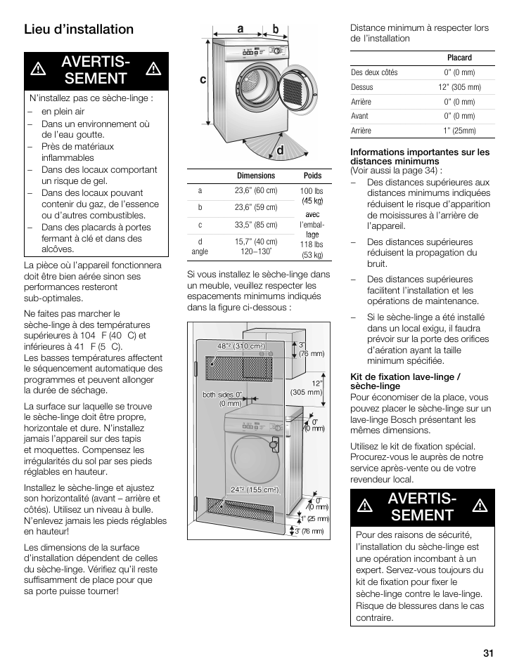 Avertisć sement, Lieu d'installation | Bosch WTA 4400 US User Manual | Page 31 / 76