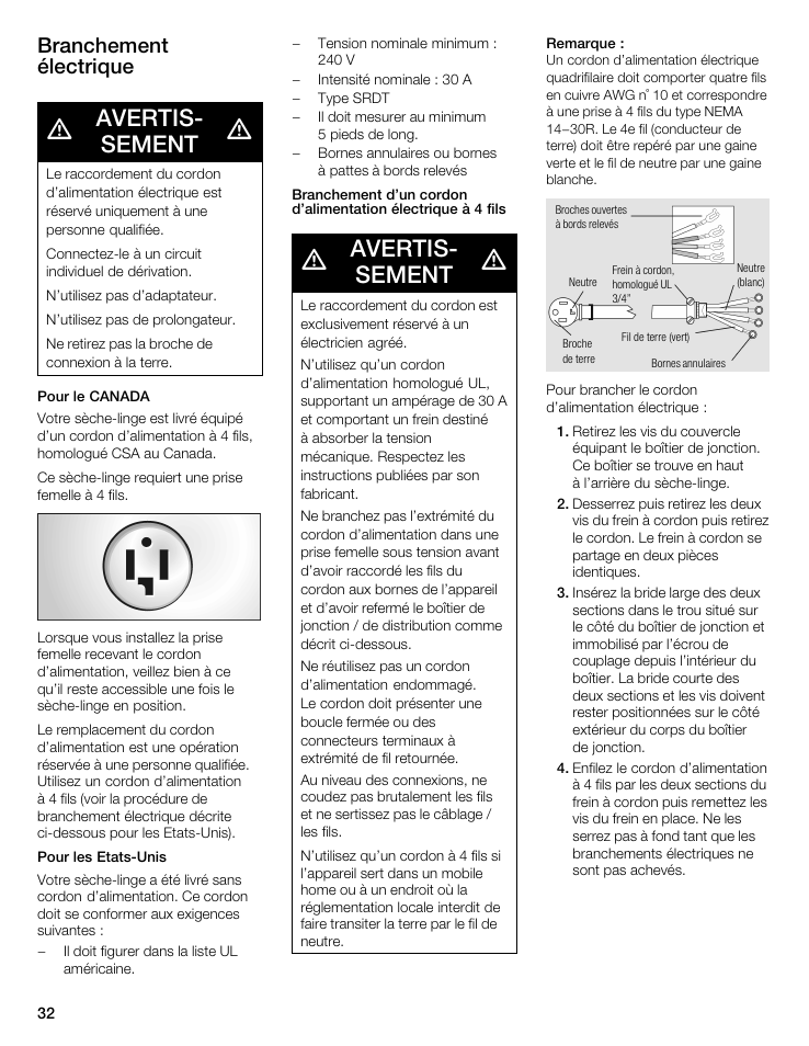 Avertisć sement, Branchement électrique | Bosch WTA 4400 US User Manual | Page 32 / 76