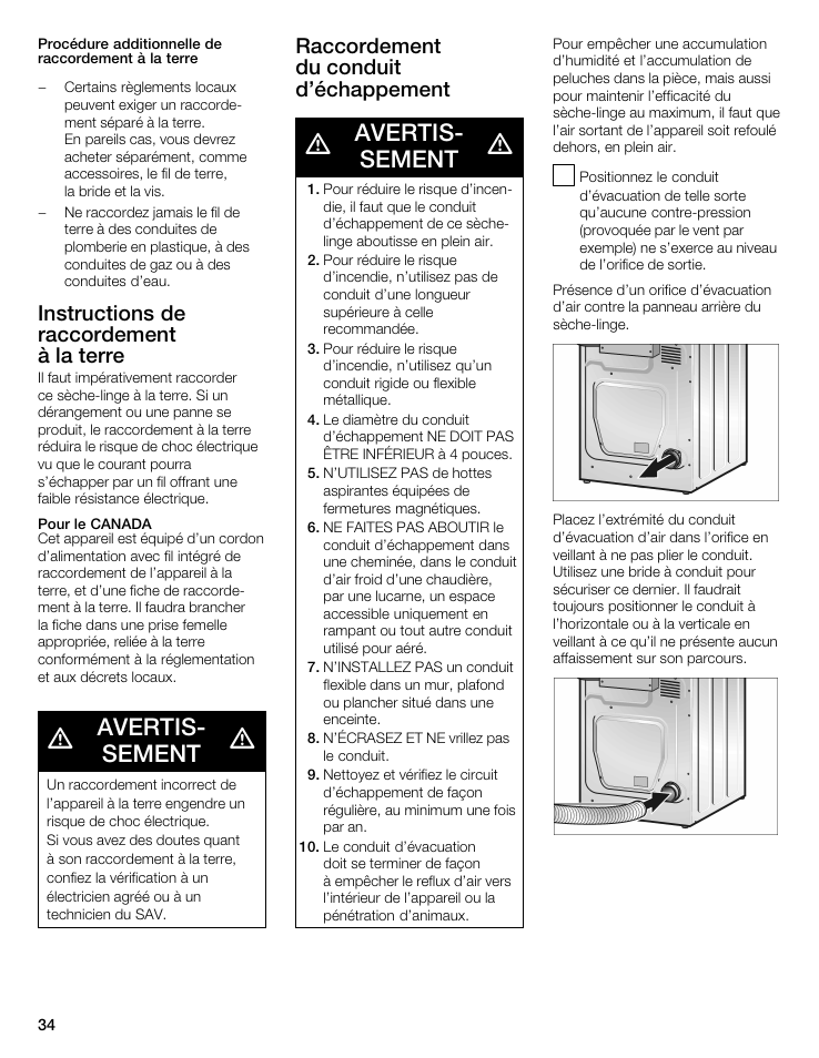 Avertisć sement, Instructions de raccordement àălaăterre, Raccordement duăconduit d'échappement | Bosch WTA 4400 US User Manual | Page 34 / 76
