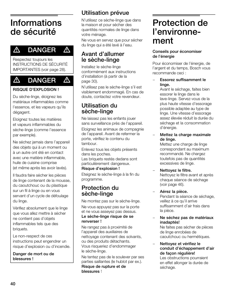 Informations de sécurité, Protection de l'environneć ment, Danger | Bosch WTA 4400 US User Manual | Page 40 / 76