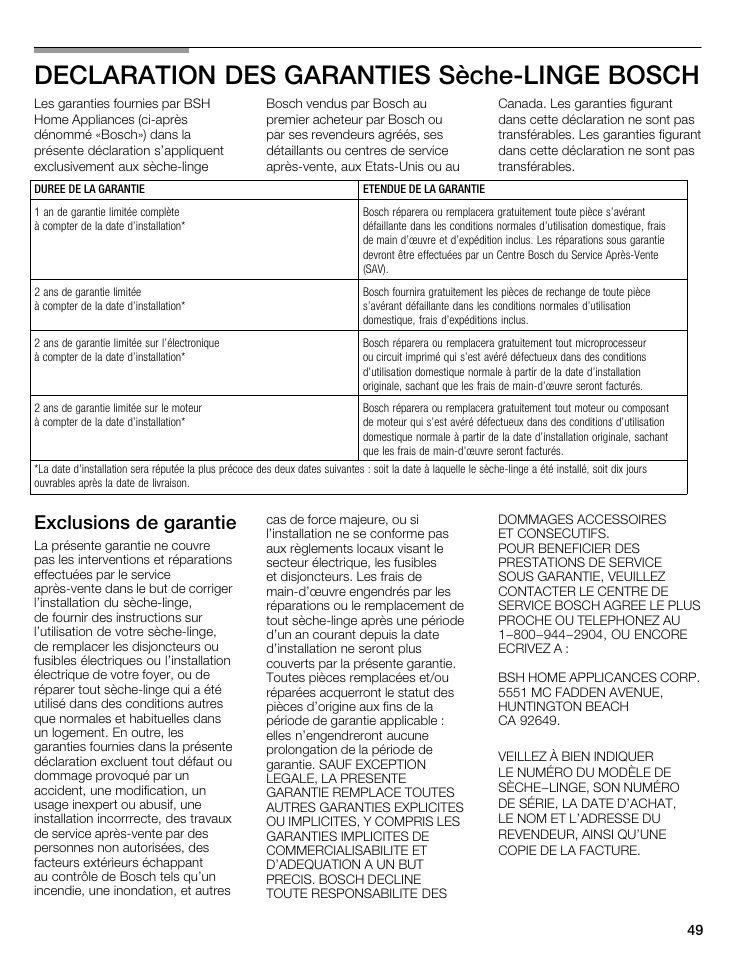 Declaration des garanties sèchećlinge bosch, Exclusions de garantie | Bosch WTA 4400 US User Manual | Page 49 / 76