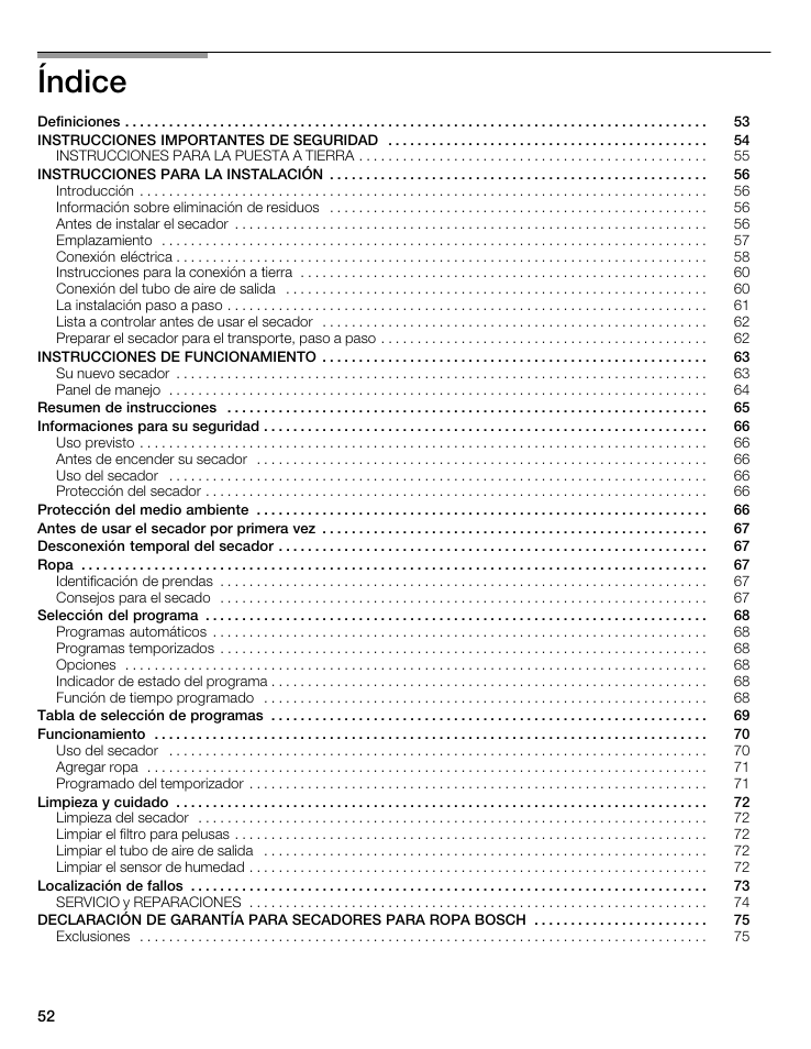 Índice | Bosch WTA 4400 US User Manual | Page 52 / 76