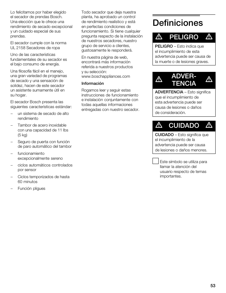 Definiciones, Peligro, Adverć tencia | Cuidado | Bosch WTA 4400 US User Manual | Page 53 / 76