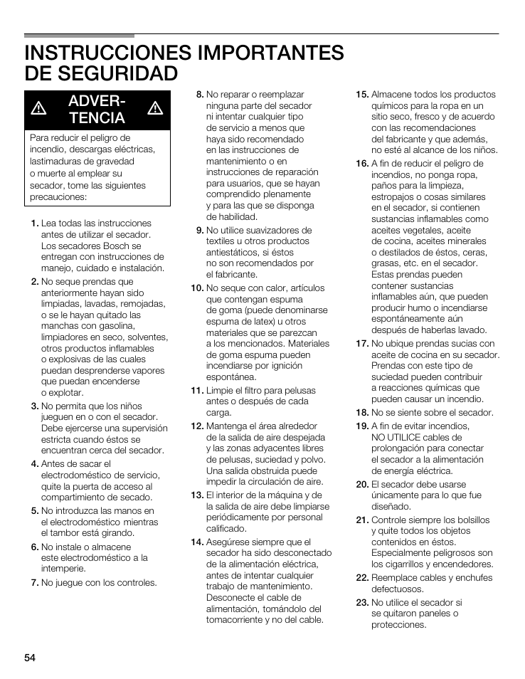 Instrucciones importantes de seguridad, Adverć tencia | Bosch WTA 4400 US User Manual | Page 54 / 76