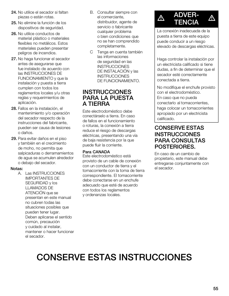 Conserve estas instrucciones, Adverć tencia, Instrucciones para la puesta a tierra | Bosch WTA 4400 US User Manual | Page 55 / 76