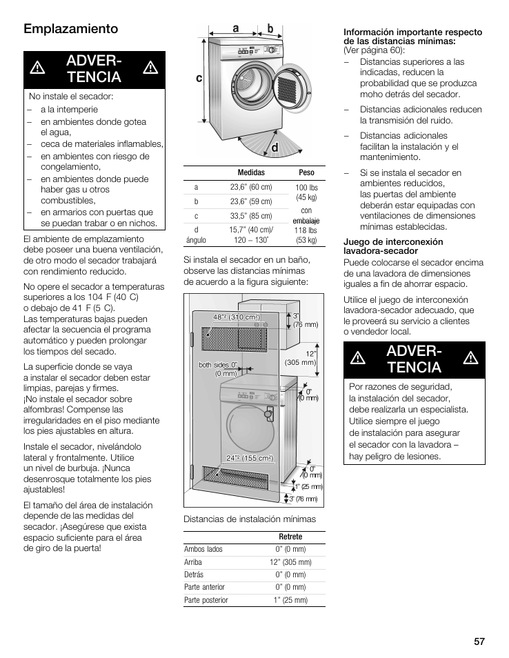 Adverć tencia, Emplazamiento | Bosch WTA 4400 US User Manual | Page 57 / 76