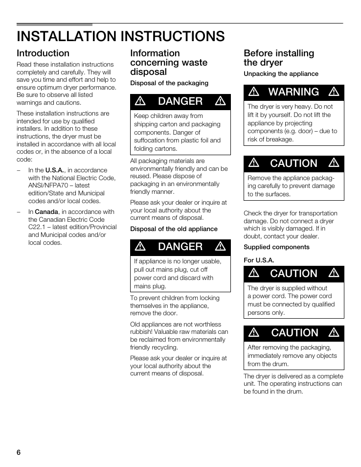 Installation instructions, Danger, Warning | Caution | Bosch WTA 4400 US User Manual | Page 6 / 76