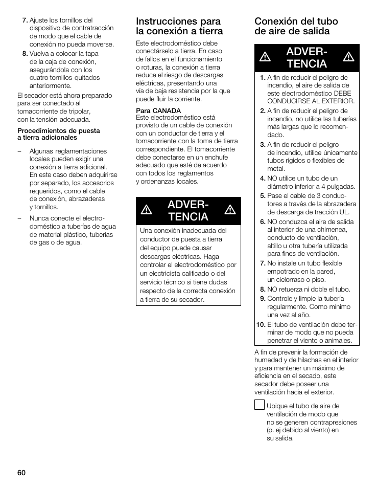 Adverć tencia, Instrucciones para la conexión a tierra, Conexión del tubo de aire de salida | Bosch WTA 4400 US User Manual | Page 60 / 76