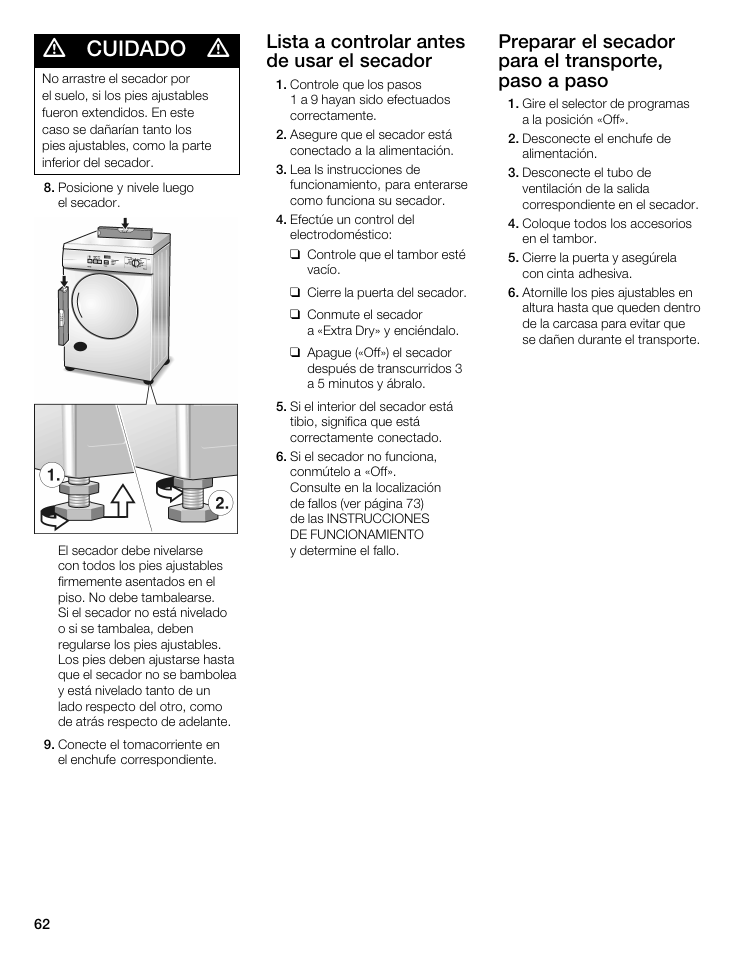 Cuidado, Lista a controlar antes de usar el secador | Bosch WTA 4400 US User Manual | Page 62 / 76