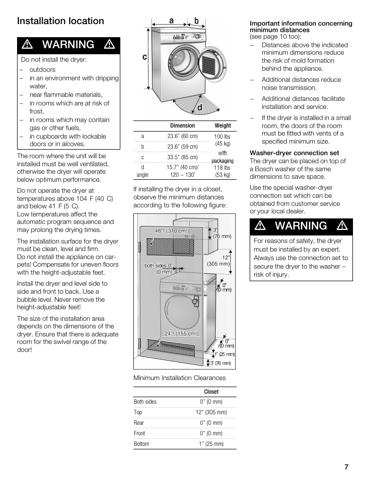 Warning, Installation location | Bosch WTA 4400 US User Manual | Page 7 / 76