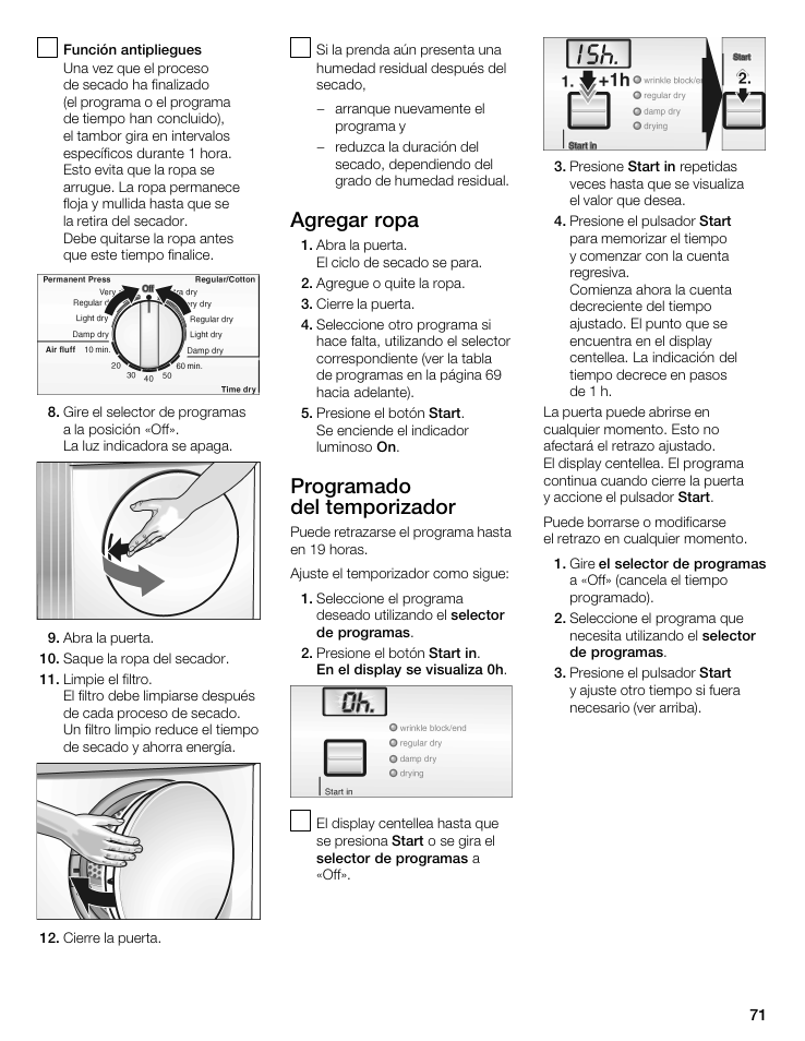 Agregar ropa, Programado del temporizador 6 | Bosch WTA 4400 US User Manual | Page 71 / 76