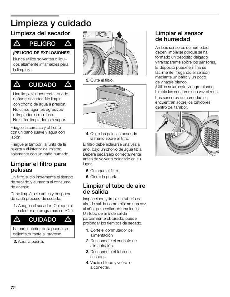 Limpieza y cuidado | Bosch WTA 4400 US User Manual | Page 72 / 76