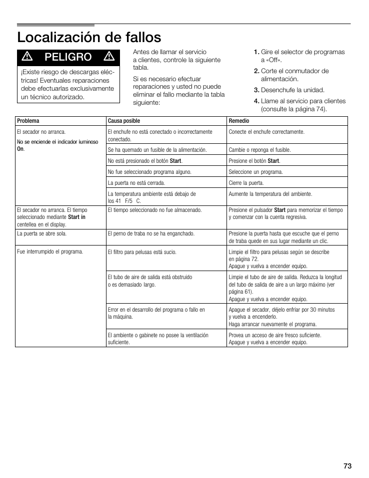 Localización de fallos, Peligro | Bosch WTA 4400 US User Manual | Page 73 / 76