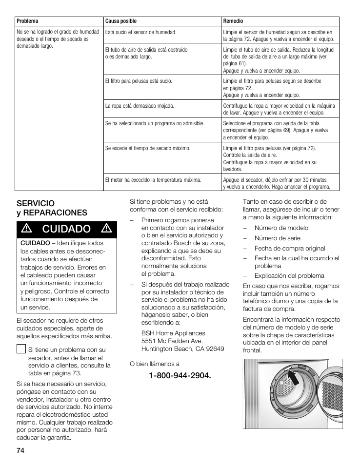 Cuidado, Servicio y reparaciones | Bosch WTA 4400 US User Manual | Page 74 / 76