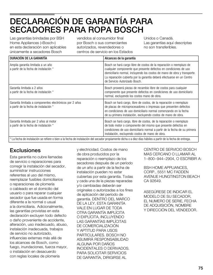 Exclusiones | Bosch WTA 4400 US User Manual | Page 75 / 76